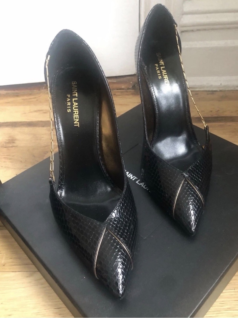 Yves Saint Laurent Black Snakeskin Pointed Slingback Heels with Gold Chain